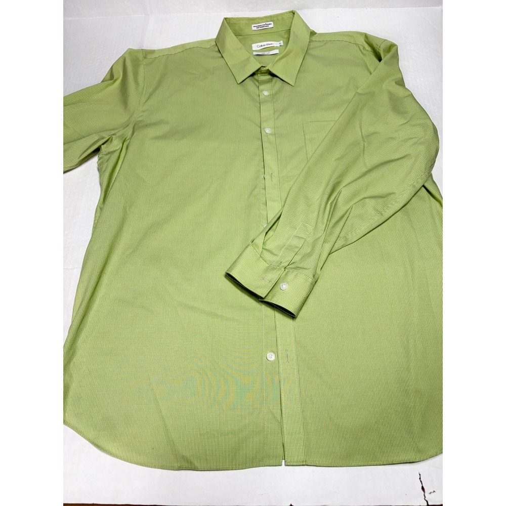 Calvin Klein Mens XL Non Iron Dress Shirt Lime Green Micro Check Stretch Cotton
